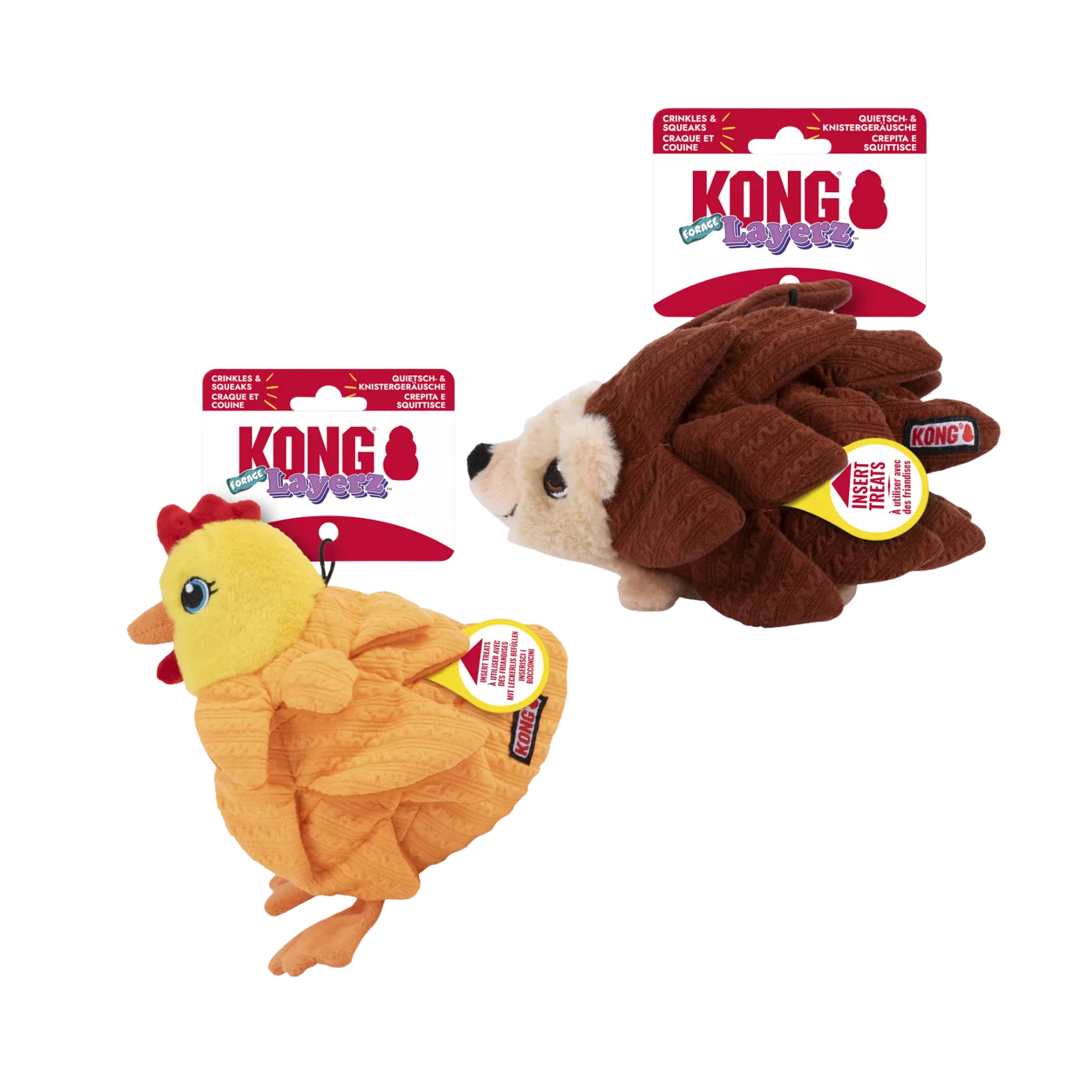 Peluche de Fouille Kong® 🦔 Simon le Hérisson & 🐔 Coquette la Poule